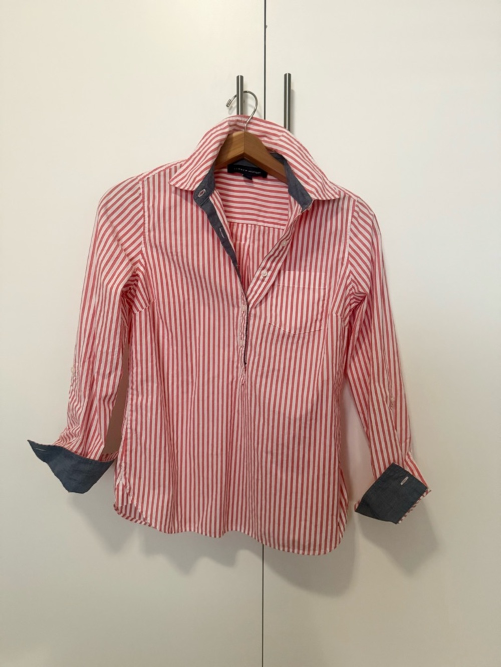 Tommy Hilfiger Pink and White Striped Button-Up Shirt- small